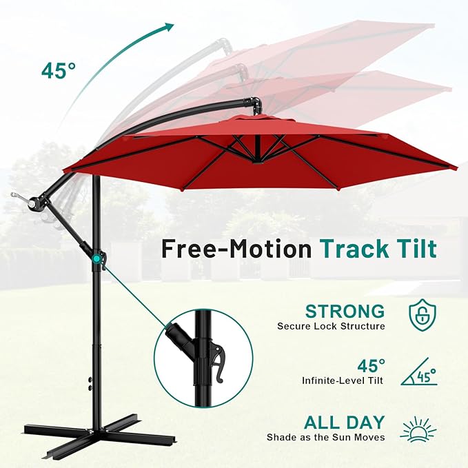 AreShark 10FT Patio Outdoor Umbrella, Offset Patio Umbrella Cantilever Umbrella, 6 Sturdy Ribs, Easy Adjustment for Garden Market Pool with Cross Base (Red)