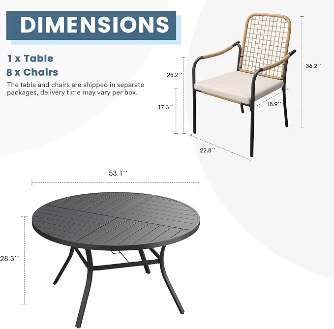 DIFY 9 Pieces Outdoor Dining Set, Metal Patio Table and Chairs Set for 8, 53.1" Round Dining Table with Umbrella Hole & Wicker Stackable Patio Chairs with Cushions, Black Tabletop