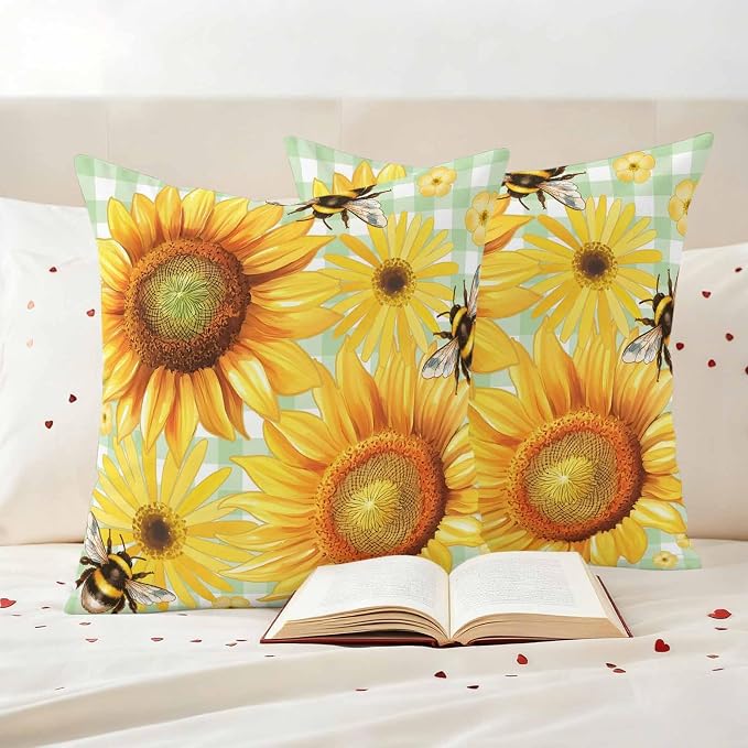 Outdoor Throw Pillow Covers,Pastoral Sunflower Bee Waterproof Decorative Pillowcases Cushion Cover Spring Daisy Floral Buffalo Plaid Pillow Cases for Patio Couch Sofa Bed,18x18in Set of 2