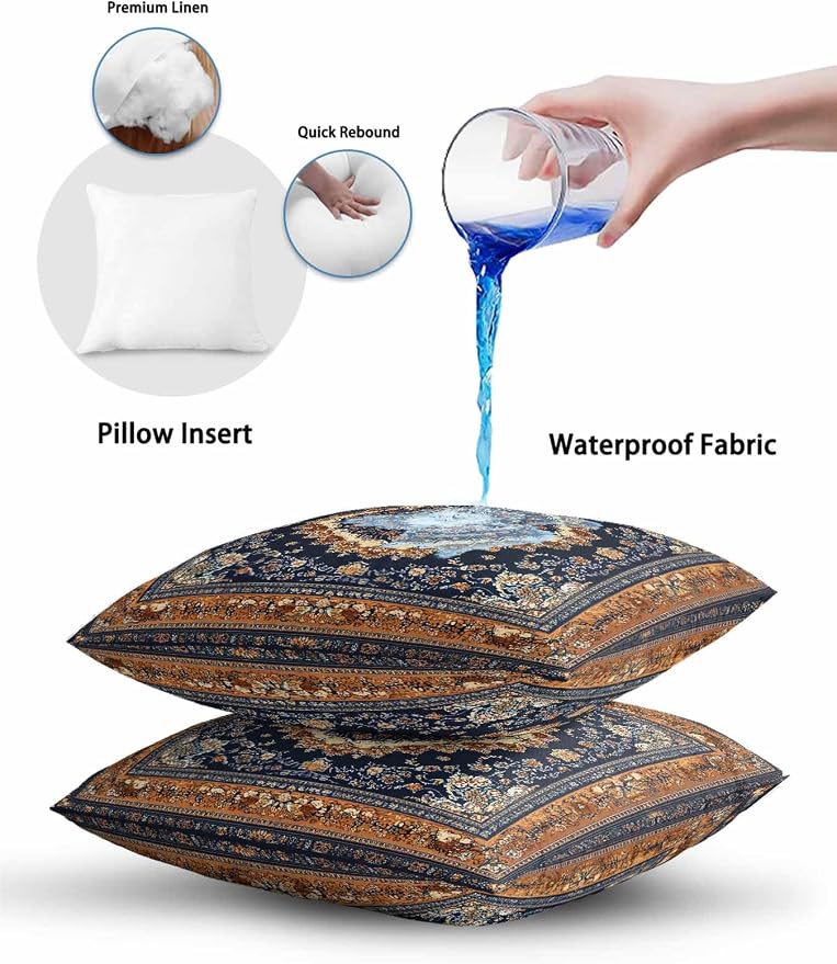 Outdoor Pillows with Inserts Set of 2 12x20, Blue Burnt Orange Boho Waterproof Outdoor/Indoor Throw Pillows, Antique Southwestern Tribal Decorative Pillow for Bed Couch Sofa Patio Furniture
