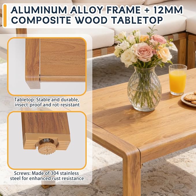 4-Piece L-Shaped Outdoor Patio Furniture Set, All-Aluminum Corner Sectional Sofa with Wood Grain Finish, Cushioned Seating & Plastic Wood Coffee Table, for Backyard & Balcony