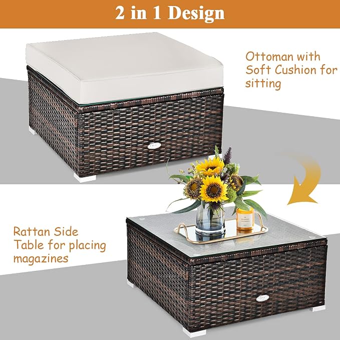 Tangkula 6 Pieces Wicker Patio Furniture Set, PE Rattan Outdoor Sectional Conversation Set with Glass Coffee Table & Ottoman, Wicker Sofa Set with Cushions for Yard Garden, Deck, Porch (White)
