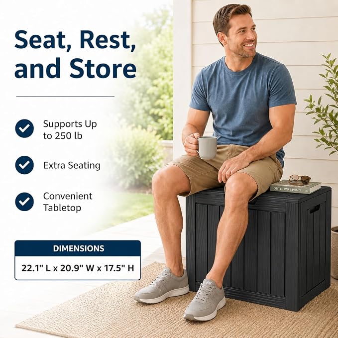 Outdoor Deck Patio Storage Box - 35 Gallon Small Outdoor Deck Box, Plastic Storage Bin with Lid, Outside Toy Box & Pool Storage Container for Cushions, Garden Tools, Towel, Lockable Chest, Black