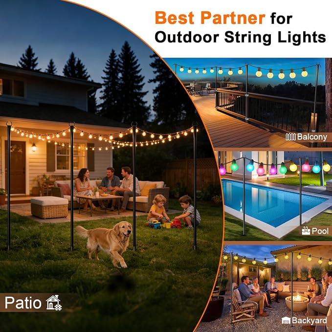 8 Pack String Light Poles for Outside, Upgraded Heavy-Duty Metal Poles for Outdoor String Lights with Fork, Adjustable Lighting Hanging Accessories for Patio Decor Pergola Backyard Garden Decorations