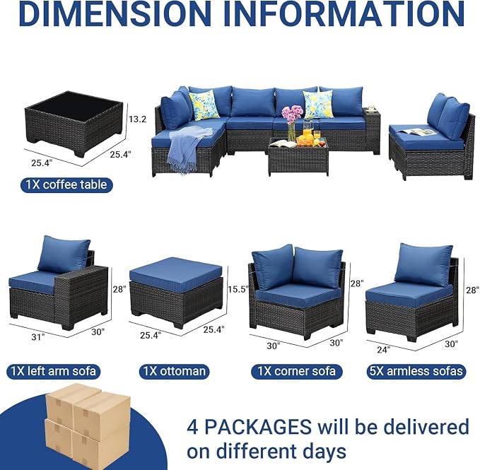 9-Piece Patio Furniture Set with All-Weather Wicker Sectional Sofa, Rattan Outdoor Conversation Seating with Cushions, Tempered Glass Coffee Table and Ottoman for Porch and Garden Relaxation(Beige)