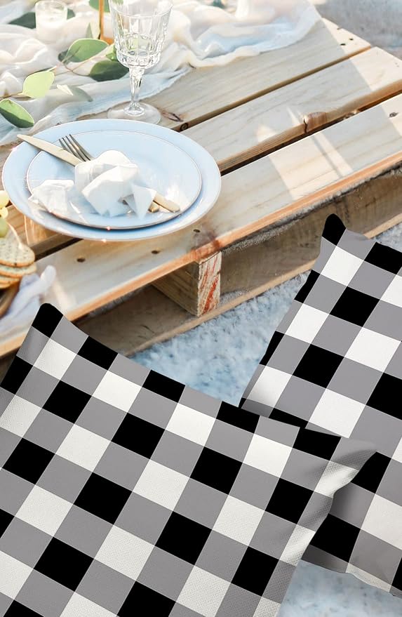 Outdoor Waterproof Pillow Covers for Patio Furniture Buffalo Check Decorative Throw Pillow Cover Black White Plaid Rustic Pillowcases Set of 2 Cushion Case for Sofa Couch Chair Home Decor 26 x 26 Inch