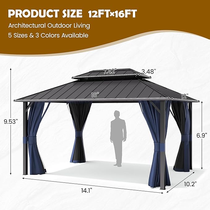 UDPATIO 12'x16' Permanent Hardtop Gazebo with Galvanized Steel Double Roof for Patio Backyard Garden, Curtains and Netting Included, Navy Bue