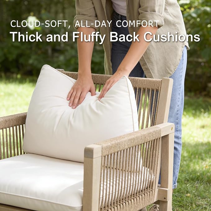 SUNSITT 6-Piece Acacia Wood Patio Furniture Set, Outdoor Conversation Sofa Set with 3-Seat Sofa, 4 Rope Woven Outdoor Club Chairs & Slatted Coffee Table, Cream White Cushions for Porch, Backyard, Deck