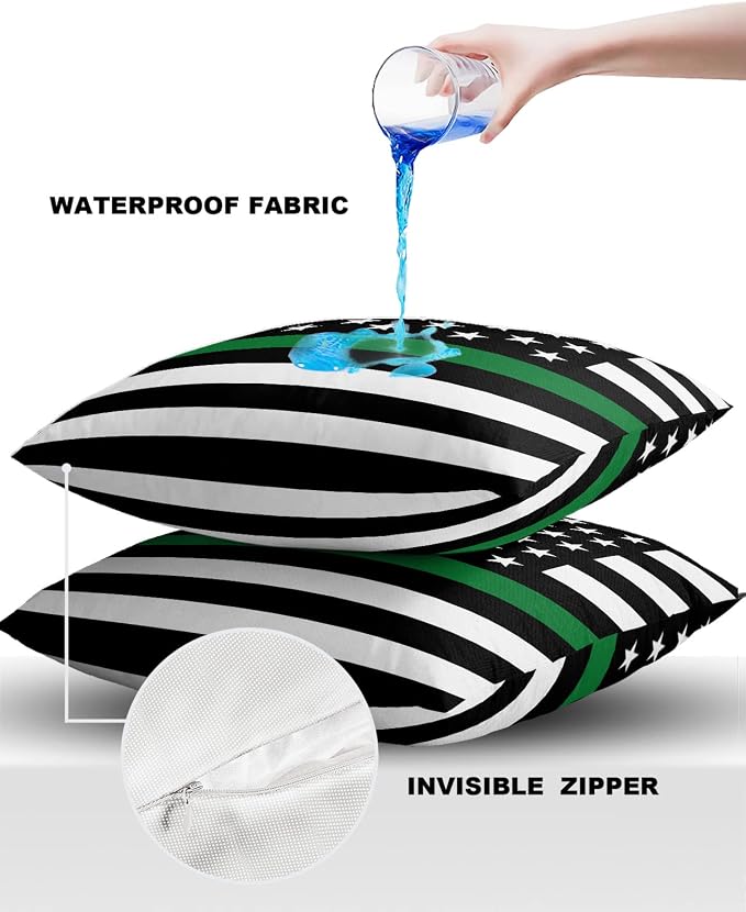 Outdoor Waterproof Pillow Covers Set of 2, Thin Green Line Flag Border Patrol, Park Ranger and Conservation Officer Patio Throw Pillow Covers, Decorative Cushion Case for Sofa Furniture, 18x18 Inch