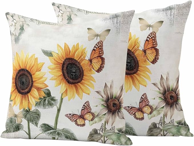 Sunflower Outdoor Waterproof Throw Pillow Covers Set of 2, 16"x16", Farmhouse Rustic Retro Summer Floral Butterfly Decorative Pillow Covers Outside Cushion Case for Patio Porch Garden