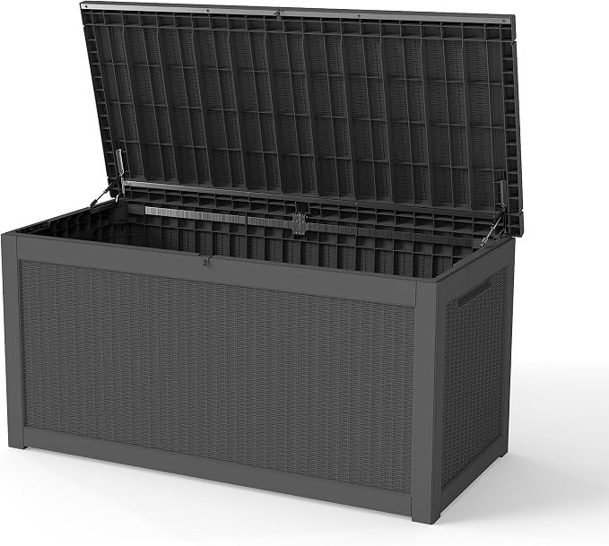LAUSAINT HOME 280 Gallon Colossal Resin Deck Box with Hydraulic Pistons - Grand Estate Size Waterproof Outdoor Storage Bench, Lockable Patio Furniture Locker for Pool and Backyard (Black)