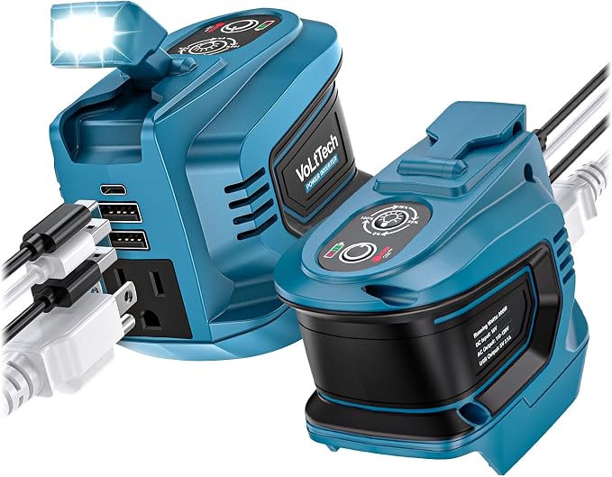Real 200W Power Inverter Compatible with Makita 18V, VoLtTech Battery Inverter 18V to 110V-120V, Phone Charger USB Charger Adapter with 2 USB Ports, 1 Type-C & 1 AC Outlet (No Battery)(2 Pack)
