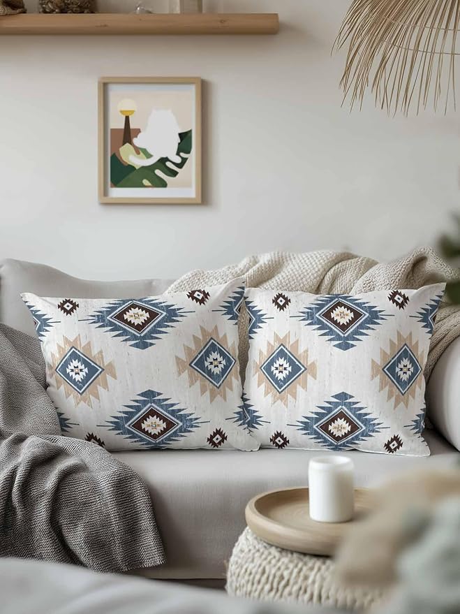 Waterproof Outdoor Pillow 1 Pack Blue Boho Aztec Decorative Throw Pillows Cover & Insert 18x18 Inch Pillowcase Southwest Tribal Style Square Pillows for Couch Sofa Bed Patio Furniture Indoor Outdoor