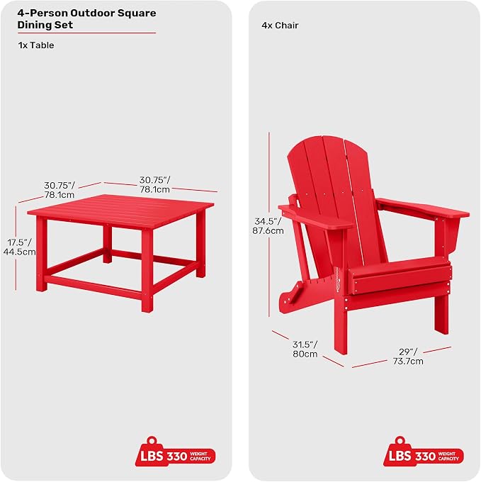 Costaelm Patio Conversation Set, 5 piece Balcony Furniture, Small Patio Firepit Furniture Outdoor Adirondack Square Coffee Table and Chair for Backyard Lawn Porch Pool Garden, Red