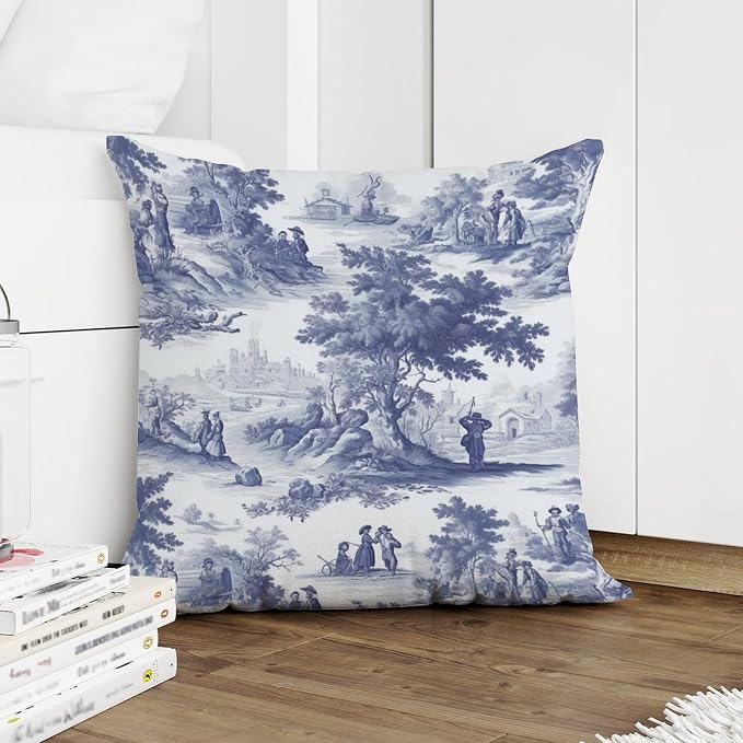 Navy White Blue Decorative Toile Print Pillow Cover French Charmed Life Toile Cushion Cases 24x24 INClassic Accent Farmhouse Decor Pillow for Sofa Patio Couch