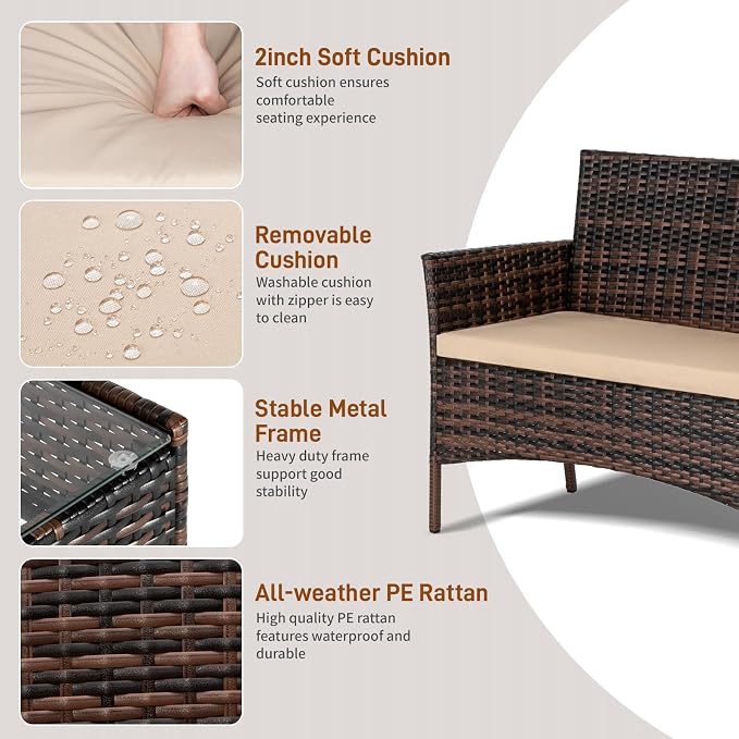 Outvita 4 Pieces Patio Furniture Set, Rattan Conversation Sets with Loveseat Soft Cushion and Glass Table for Garden Backyard Balcony Porch Poolside(Brown Gradient)