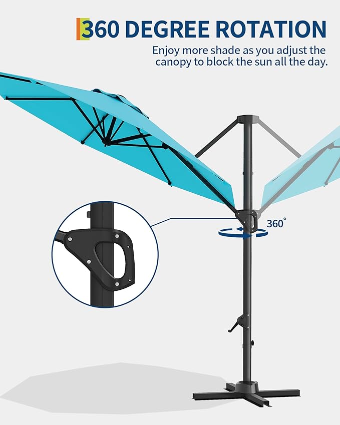 GarveeLife 10 ft Cantilever Umbrella Outdoor Patio Umbrella w/Base Included Market Offset Umbrella Sun Shade Windproof with 360-Degree Rotation for Patio Garden Deck Pool, Turquoise Blue