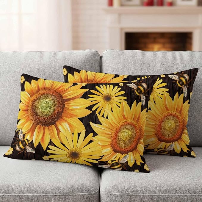 Outdoor Throw Pillow Covers,Yellow Sunflower Daisy Flower Waterproof Decorative Pillowcases Cushion Cover Spring Rustic Floral Bee Black Pillow Cases for Patio Couch Sofa Bed,20x12in Set of 2
