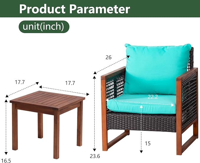 PayLessHere 3 Pieces Patio Set Wicker Patio Furniture Acacia Wood Outdoor Patio Furniture Set Rattan Chair Conversation Sets Bistro Set with Coffee Table and Water Resistant Cushions(Blue)