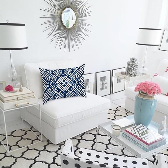 Lacefield Trellis Print Geometric Blue Rectangular Throw Pillow Cover Chinoiserie Grandmillenial Ming Trail Throw Pillow Cover Modern Throw Pillow Covers Decorative for Sofa Bed 20x26in