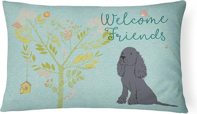 Caroline's Treasures BB7618PW1216 Welcome Friends Black Cocker Spaniel Canvas Fabric Decorative Pillow Machine Washable, Indoor Outdoor Decorative Pillow for Couch, Bed or Patio, 12HX16W