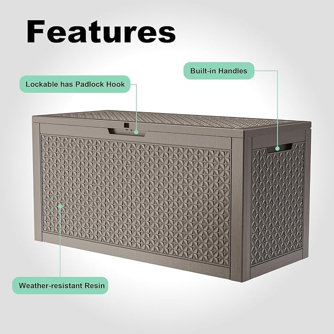EasyUp 121 Gallon Outdoor Storage Box Waterproof, UV Resistant Resin Deck Box with Hydraulic Rod, Reinforced Stability for Patio, Garden, Quad Leaf Grey