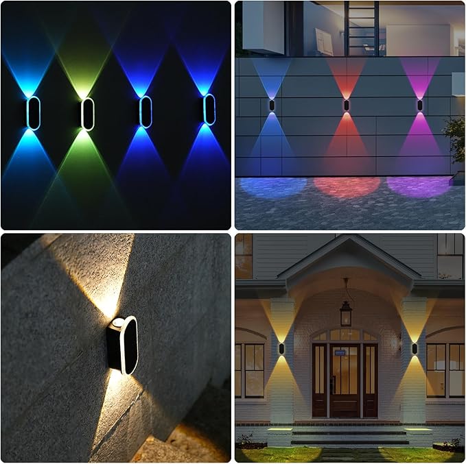 Herzila Solar Fence Lights - RGB & Warm White, LED Christmas Solar Lights Outdoor Waterproof 8 Colors,2 Lens Top and Bottom Lighting for Outdoor/Patio/Wall/Fence Pack of 2