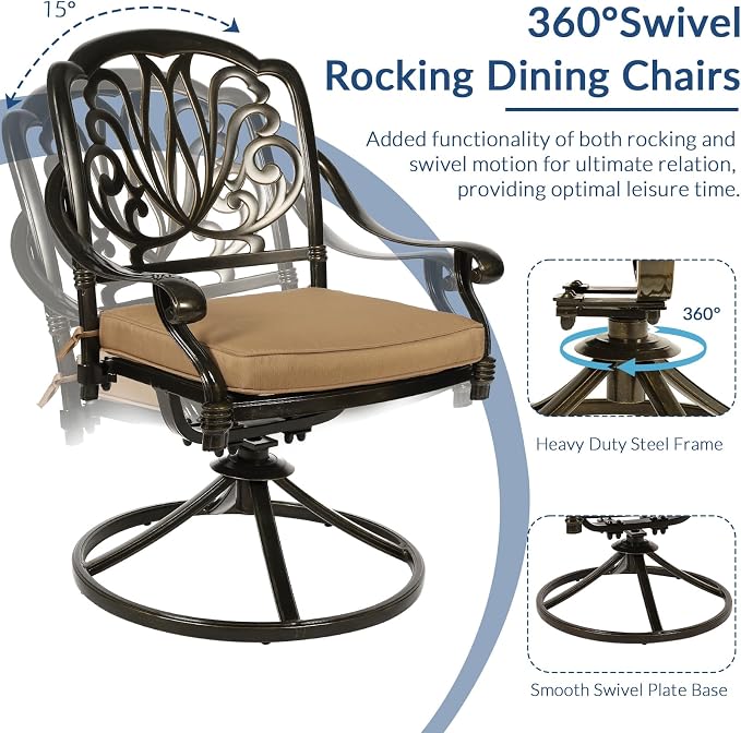9-Piece Patio Cast Aluminum Dining Set, Outdoor Dining Furniture Set for 8 Person, Includes 64" Square Table and 8 Swivel Rocker Chairs with Umbrella Hole for Patio Deck Garden, Tan