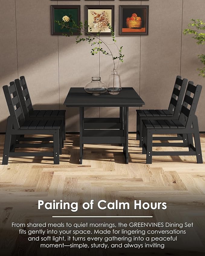 GREENVINES 7-Piece-Outdoor-Table-and-Chairs | HDPE | Patio Furniture | Dining Sets for 6 | Armless Chair | All Weather | Connectable Tables | for Backyard Poolside Garden | Black