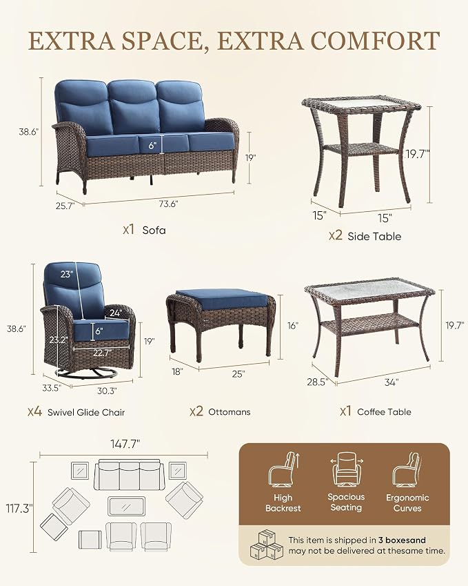 Belord Upgraded 6“ Cushion Luxury 10 Piece Patio Furniture Set - All Weather Wicker Outdoor Furniture with Swivel Rocker Patio Chairs, High Back Conversation Set for Deck Porch Yard - Brown/Blue