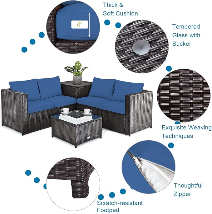 COSTWAY 5 Piece Patio Furniture Set with 42'' Fire Pit Table, Outdoor Wicker Rattan Loveseat Sofa with 4'' Thickened Cushions, 2 Side Tables, Sectional Conversation Set for Backyard (Navy)