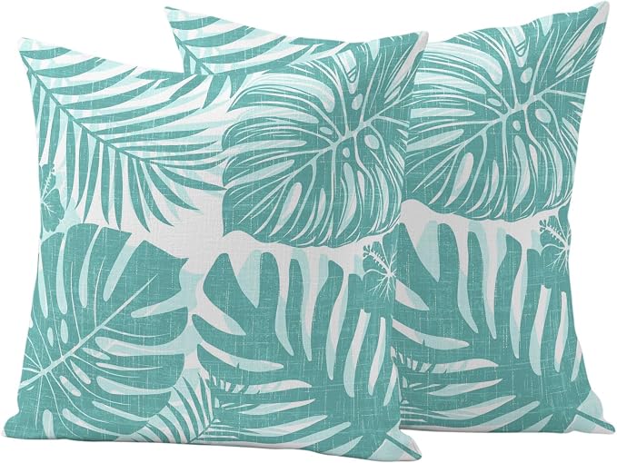 Aqua Teal Palm Leaves Outdoor Pillow Covers 16"x16" Set of 2, Tropical Botanical Minimalist Modern Waterproof Throw Pillow Covers for Patio Furniture, Decorative Cushion Covers for Porch