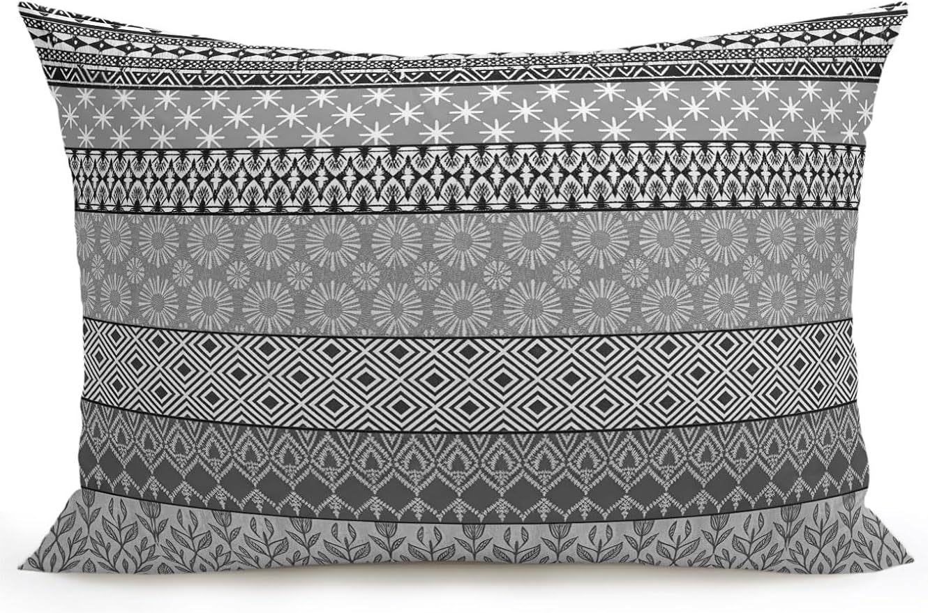Waterproof Outdoor Pillow 1 Pack Grey Bohemian Decorative Throw Pillows Cover & Insert 20x12 Inch Lumbar Pillowcase Boho Style Floral Leaves Geometric Pillows for Couch Sofa Bed Patio Furniture