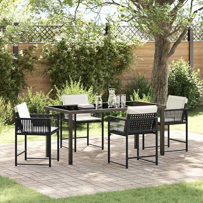 5 Piece Garden Dining Set, Black Poly Rattan Patio Furniture with Glass Table and 4 Chairs for Backyard, Balcony and Outdoor Space