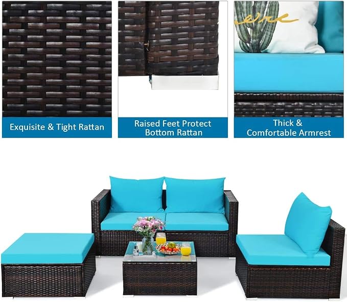HAPPYGRILL 5-Pieces Patio Conversation Set Rattan Wicker Sectional Sofa Set with Coffee Table Outdoor Furniture Set with Cushions for Lawn Garden Porch