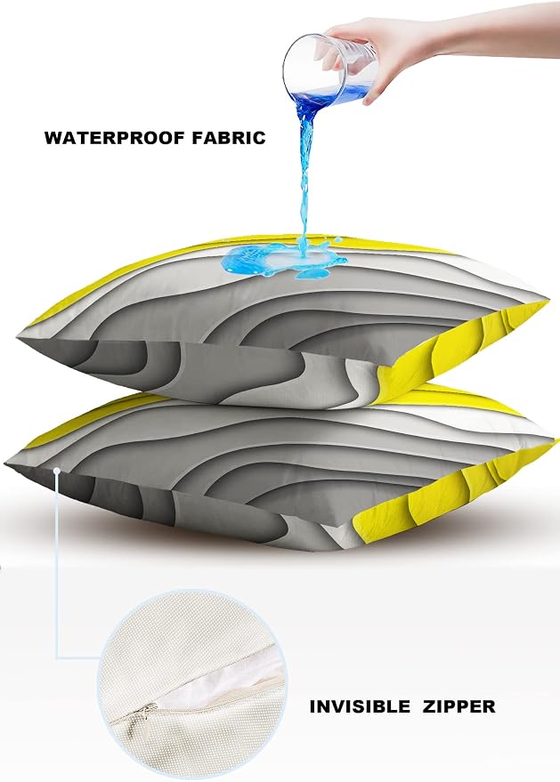 Funy Decor Waterproof Outdoor Throw Pillow Cover Yellow Grey Modern Geometric Lumbar Pillowcases Set of 2 Abstract Beach Decorative Patio Furniture Pillows for Couch Garden 20x20 inch x 2pcs