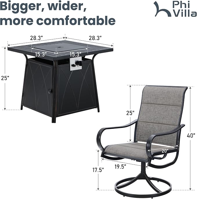 PHI VILLA 5 Piece Patio Dining Set with Firepit Table, 4 Padded Textilene Swivel Outdoor Dining Chairs with Metal Frame & 28 Inch 50000 BTU Auto-Ignition Propane Gas Fire Pit Table
