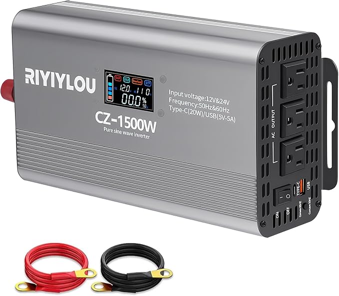 1500W Pure Sine Wave Inverter (3000W Peak), 12V/24V Auto-Detect, 50Hz/60Hz Switchable, LCD Display, Type-C Fast Charging, Silent Design, Overload & Overheat Protection for RV, Home