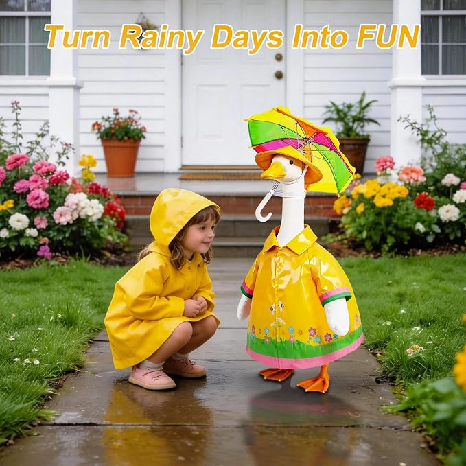 Raincoat Porch Goose Outfits, Yellow Raincoats Costume with Umbrella for 23 Inch Lawn Goose, Yard Goose Clothes Rain Jacket Umbrella Hat Outfit for Patio Yard Decor (Raincoat)