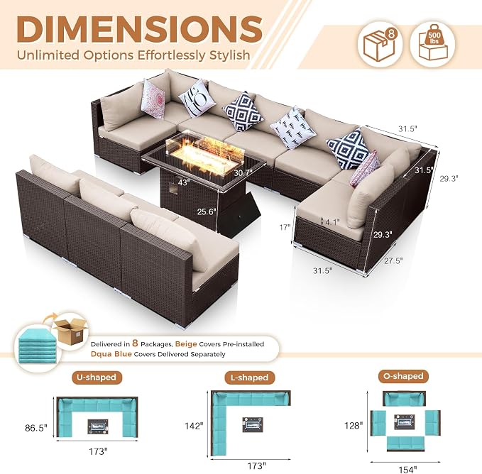BULEXYARD 11 Piece High Back Wicker Patio Furniture Sets with Fire Pit, Luxury Plus Size Outdoor Seating Set, Comfortable Extra Wide Deep 10-Seater Sectional Couch Sofa for Outside, Brown & Turquoise