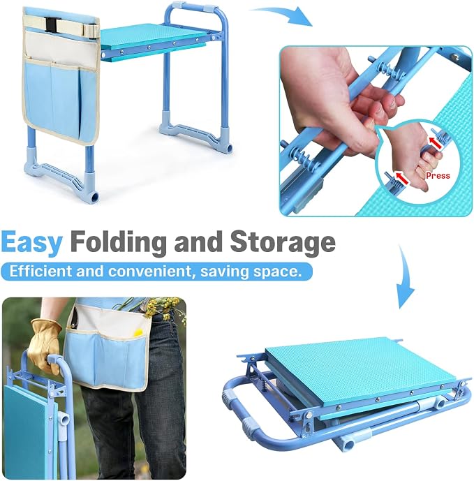 Garden Kneeler and Seat Heavy Duty, Foldable Gardening Stool Bench | With Widened Thick Soft Kneeling Pad & Tool Pouches - 2-in-1 Portable Kneeler and Stool for Seniors (BLUE)