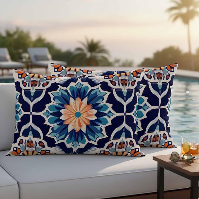 Orange Blue Outdoor Pillow Covers 20x12 Inch Lumbar Pillow Covers Set of 2 Waterproof Decorative Throw Pillow Cases Morocco Boho Abstract Floral Ethnic Tribal Cushion Covers for Patio Furniture Garden