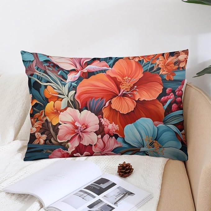 Tropical Flower Leaves Pillows Cover 16 "x24 " Summer Colorful Hawaiian Tropical Plants Decorative Cushion Cover Pillowcase Zipper Pillowcase Outdoor Pillows Covers for Couch Sofa Pillowcase Only