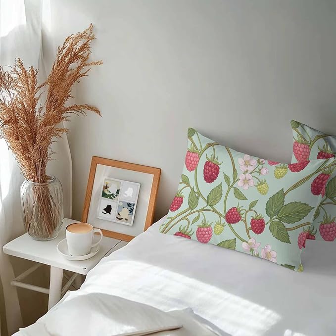 Raspberry Leaves Outdoor Pillow Covers 20"x12" Set of 2, Watercolor Red Pink Fruit Floral Mint Green Waterproof Throw Pillow Covers for Patio Furniture, Decorative Cushion Covers for Porch