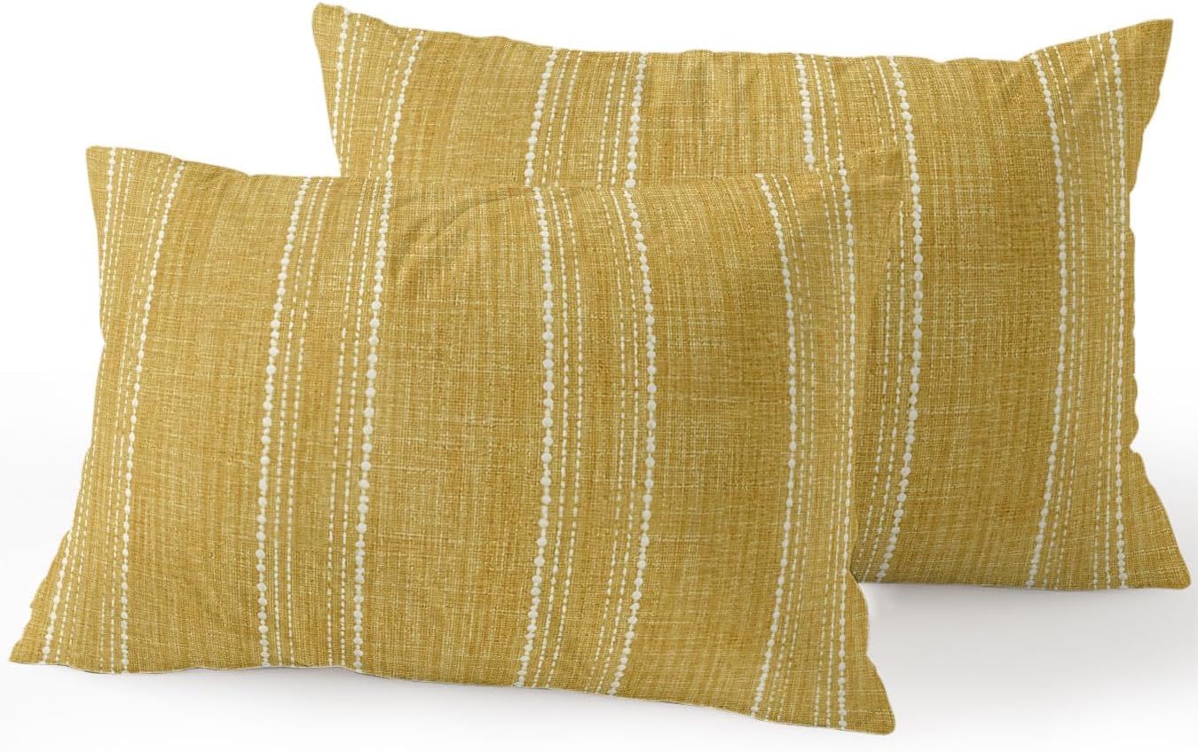 Waterproof Outdoor Pillow Set of 2 Yellow Linen Stripes Decorative Throw Pillows Cover & Insert 20x12 Inch Lumbar Pillowcase Parallel Vertical Lines Pillows for Couch Sofa Bed Patio Furniture