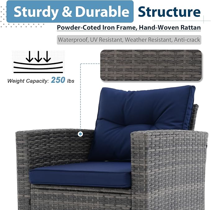 JOIVI Patio Furniture Set with Fire Pit Table, 8 Pieces Rattan Outdoor Conversation Set, 45" 50000 BTU Gas Fire Pit, Sectional Sofa with Storage Box, Navy Blue (Without Table)