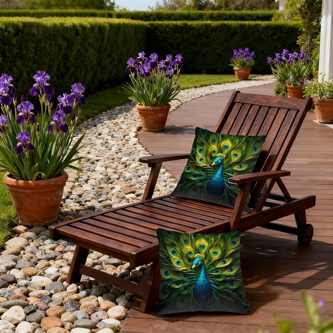 16x16 Inch Outdoor Pillow Covers Set of 2 Waterproof Throw Pillow Covers Decorative Couch Cushion Covers Green Peacock,Animal Square Pillowcases Protectors for Patio Garden Sofa