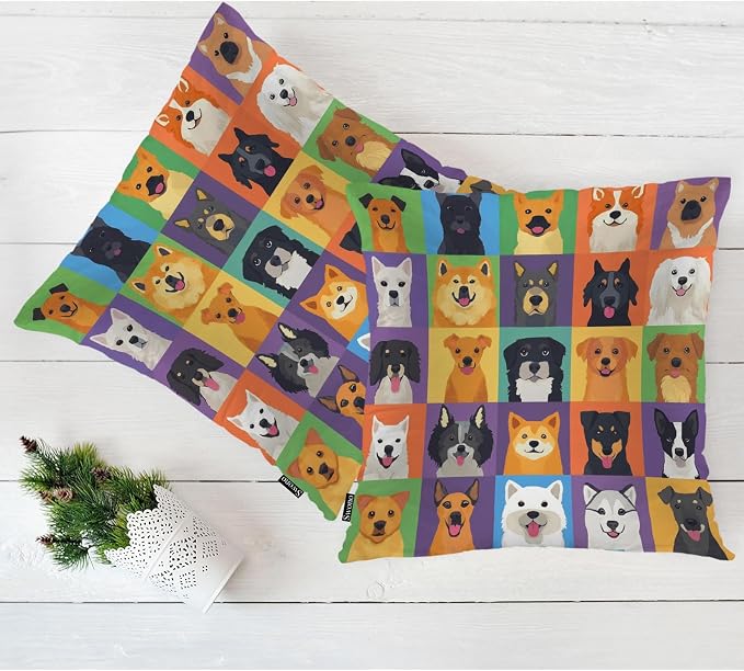 Swono Dog Farmhouse Throw Pillow Covers, Colorful Puppy Dogs Shepherd Terrier Labrador Set of 2 Cushion Case Pillow Cover for Bed Sofa Couch, Square Throw Pillowcases for Men Women 18x18 Inch