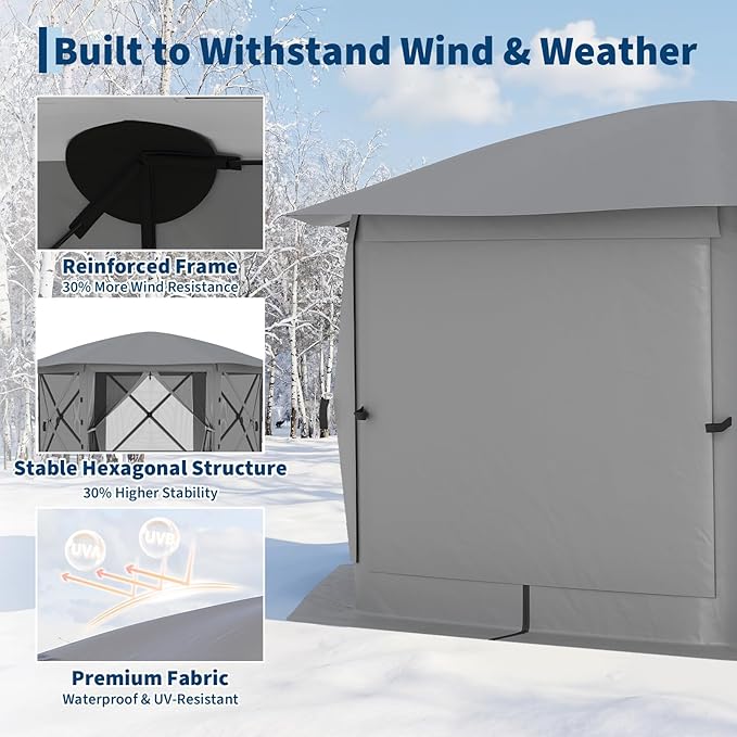 GarveeLife 11.5x11.5FT 6-Sided Pop Up Gazebo Tent，One-Push Setup Canopy Tent with Mesh Panels & Removable Wind Cloths, Outdoor shelter for Camping, Backyard Parties, Outdoor Events - Grey