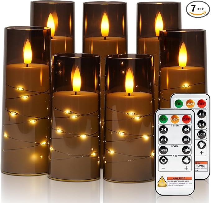 Raycare Flameless Candle with Remote Timer, 7 Flickering Acrylic Battery Operated LED Pillar Candles with Embedded Star String for Christmas, Home Decor, and as a Gift(Grey)